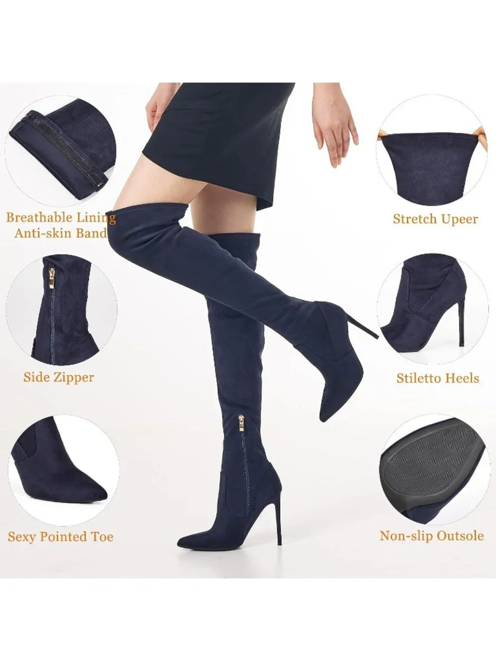 🆕 Women's Suede Navy Blue Over The Knee Boot Stiletto Pointed Toe High Heel